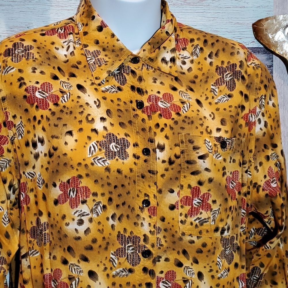 Rayon Animal Print & Flowers Long Sleeve Blouse Shirt Susan Gail Sz L Large